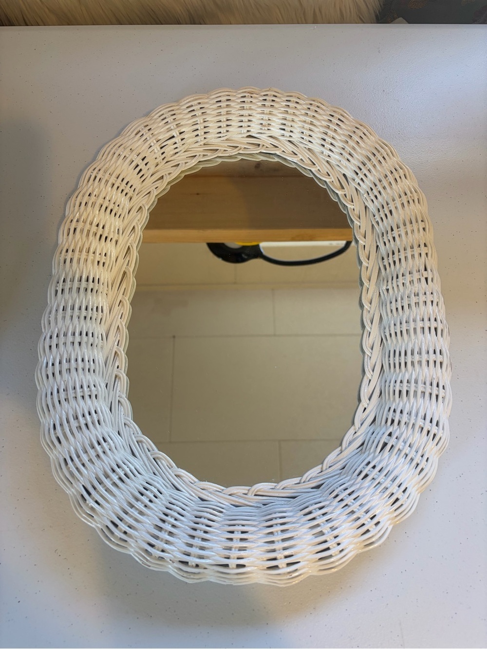 Vintage White Wicker Wall Mirror Oval Boho Cottagecore Farmhouse Decor Vanity - Picture 4 of 6